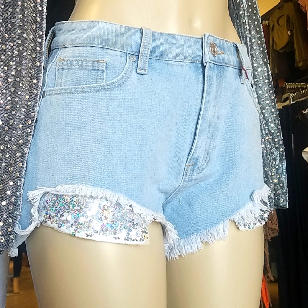 Light wash denim sequence shorts